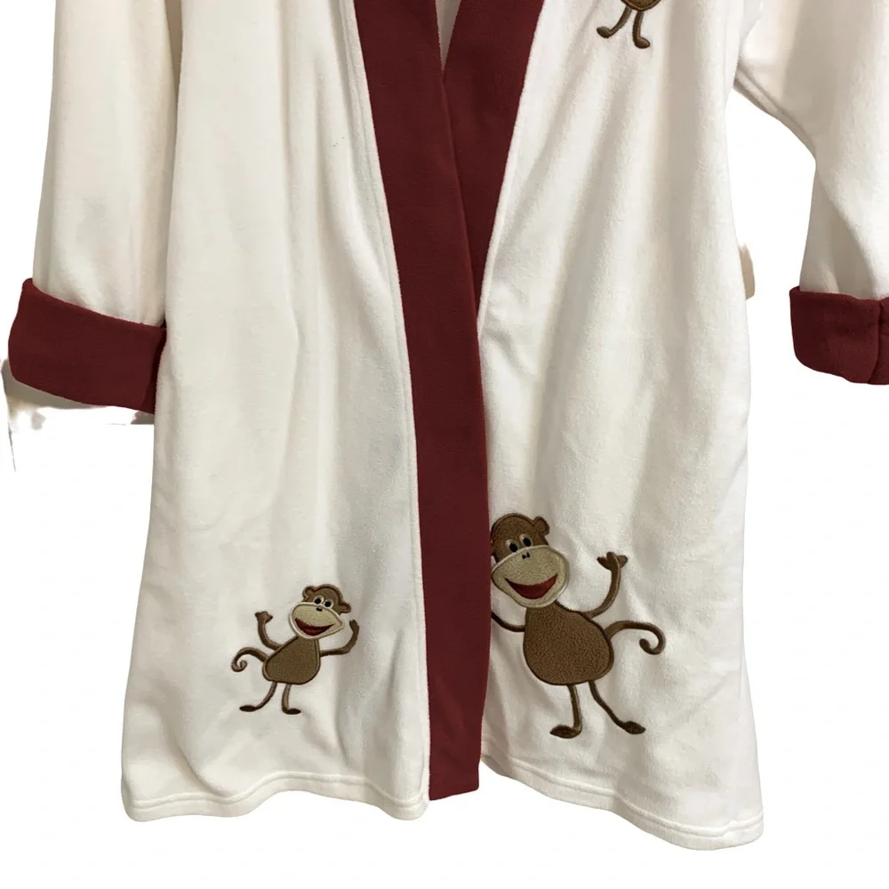 The Company Store Bathrobe Boys or Girls Hooded Fleece Size Med White Burgundy